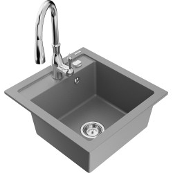 Mexen Vito 1-compartment granite sink with a kitchen mixer tap Savita, Grey - 6503-71-672601-00