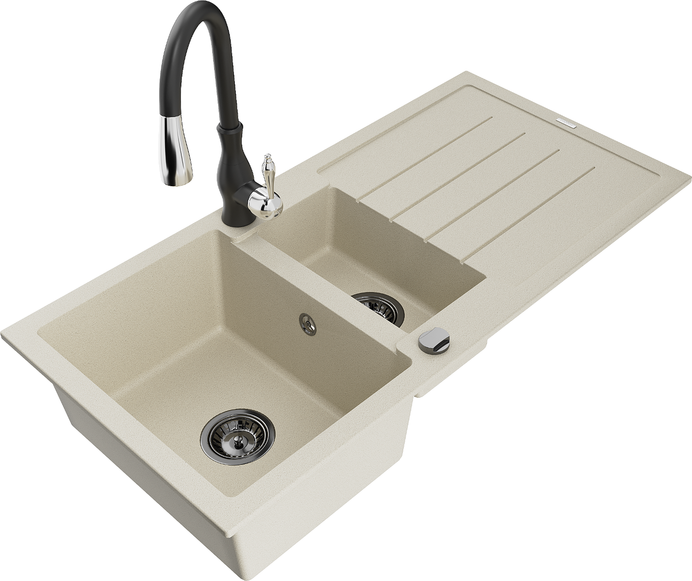 Mexen Andres 1.5-compartment granite sink with a drip tray and kitchen mixer tap Savita, Beige - 6515-69-672601-70