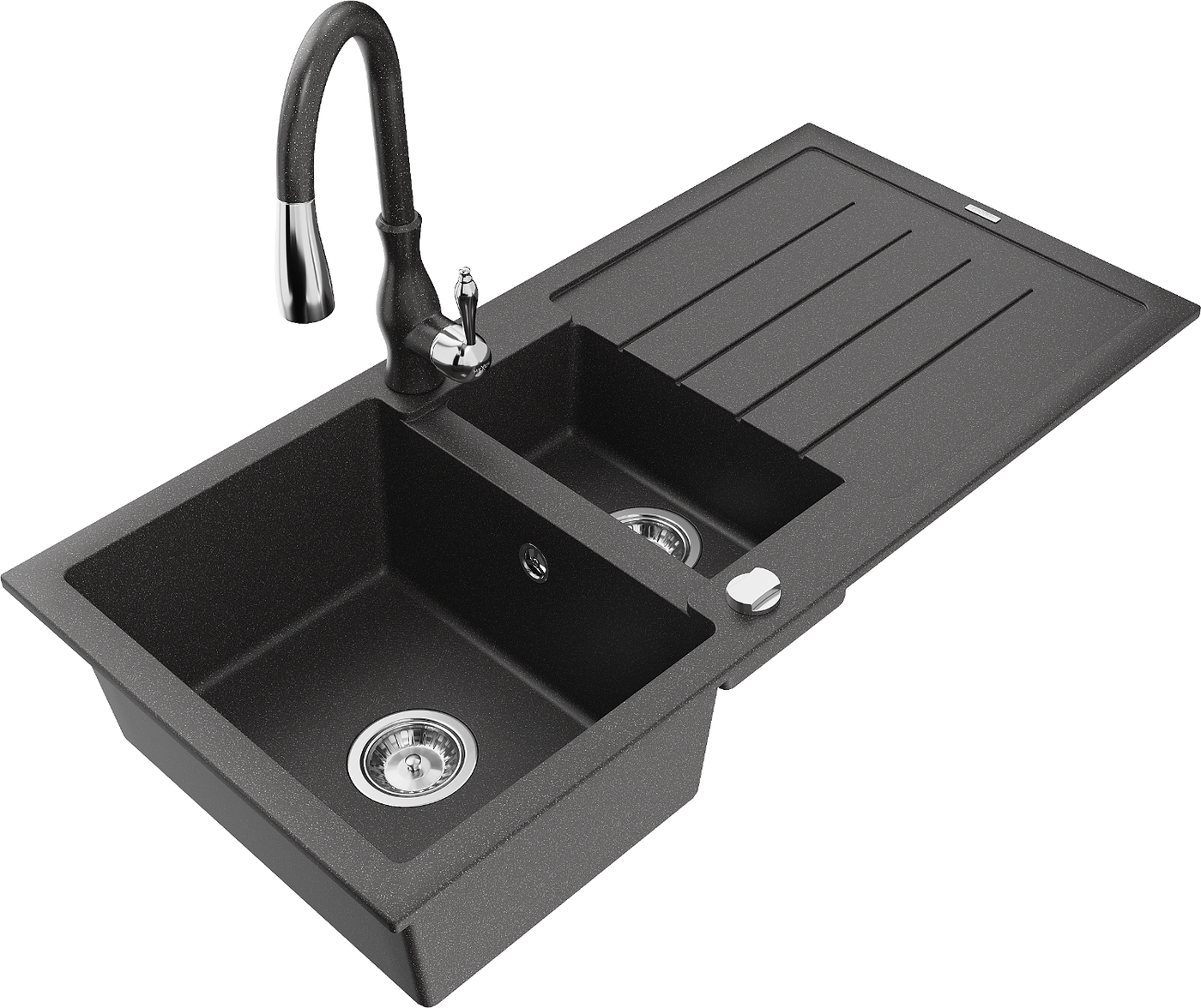 Mexen Andres 1.5-compartment granite sink with a drip tray and kitchen mixer tap Savita, spotted black - 6515-76-672601-76