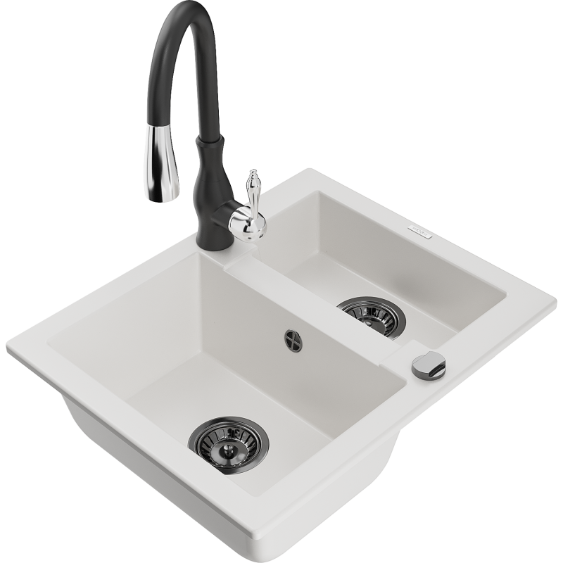 Mexen Carlos 1,5-compartment granite sink with a kitchen mixer tap Savita, White - 6518-20-672601-70