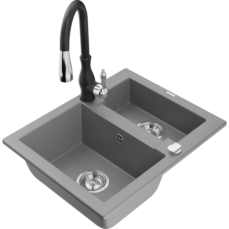 Mexen Carlos 1,5-compartment granite sink with a kitchen mixer tap Savita, Grey - 6518-71-672601-70