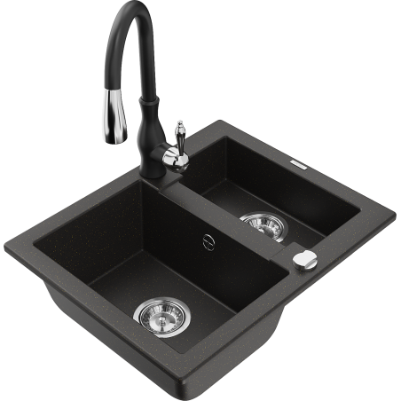Mexen Carlos 1,5-compartment granite sink with a kitchen mixer tap Savita, Black/Gold metallic - 6518-75-672601-70