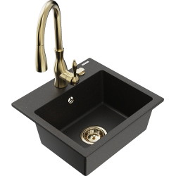 Mexen Milo 1-compartment granite sink with a kitchen mixer tap Savita, Black/Gold metallic- 6505-75-672601-50