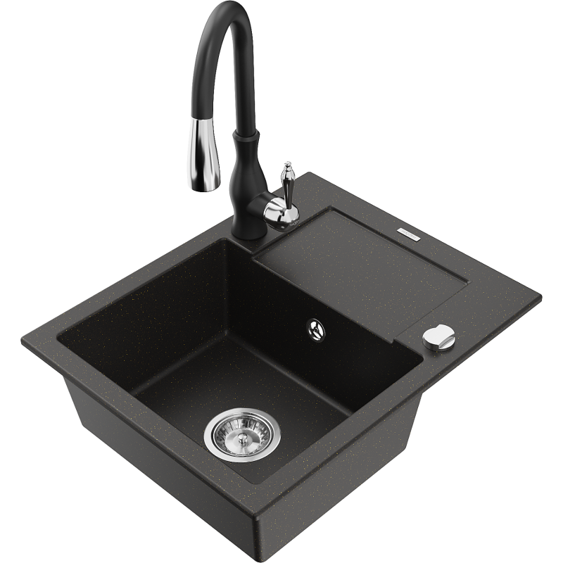 Mexen Enzo 1-compartment granite sink with a drip tray and kitchen mixer tap Savita, Black/Gold metallic - 6506-75-672601-70