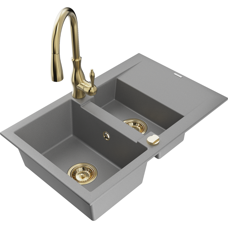 Mexen Gaspar 1.5-compartment granite sink with a drip tray and kitchen mixer tap Savita, Grey - 6507-71-672601-50