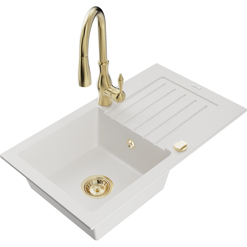 Mexen Pablo 1-compartment granite sink with a drip tray and kitchen mixer tap Savita, White - 6510-20-672601-50