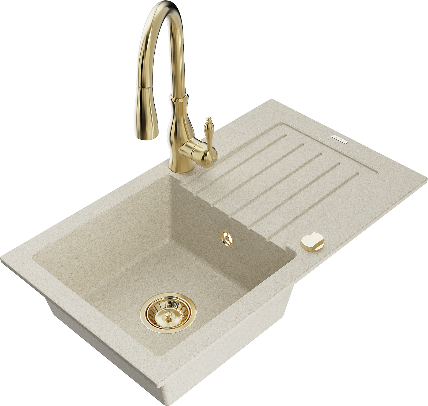 Mexen Pablo 1-compartment granite sink with a drip tray and kitchen mixer tap Savita, Beige - 6510-69-672601-50