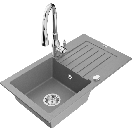 Mexen Pablo 1-compartment granite sink with a drip tray and kitchen mixer tap Savita, Grey - 6510-71-672601-00