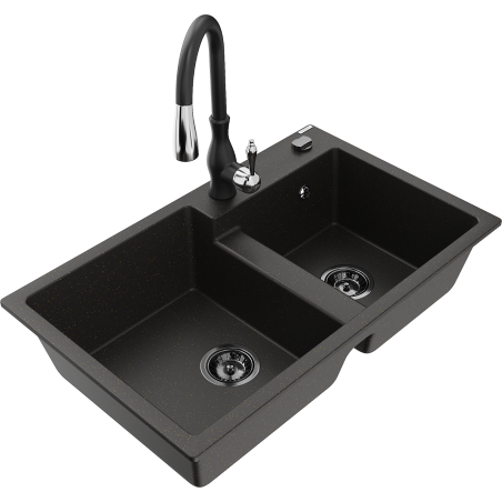 Mexen Tomas 2-compartment granite sink with a kitchen mixer tap Savita, Black/Gold metallic - 6516-75-672601-70-B