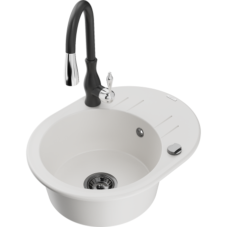 Mexen Kevin 1-compartment granite sink with a drip tray and kitchen mixer tap Savita, White - 6517-20-672601-70
