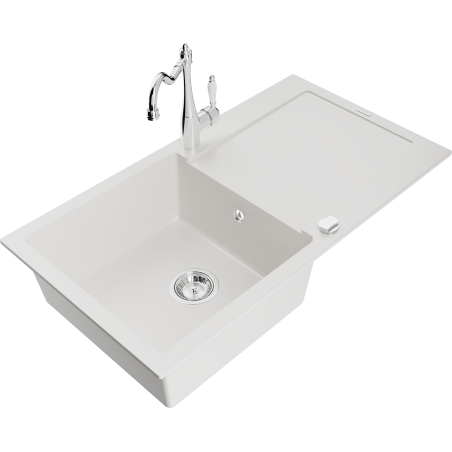 Mexen Leo 1-compartment granite sink with a drip tray and kitchen mixer tap Carla, White - 6501-20-670700-00