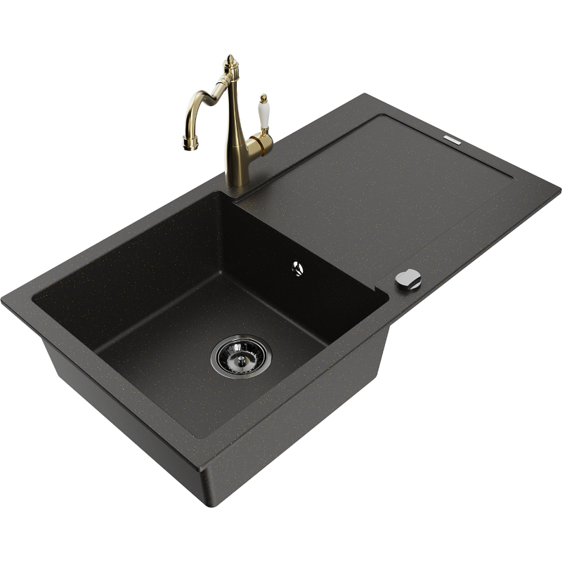 Mexen Leo 1-compartment granite sink with a drip tray and kitchen mixer tap Carla, Black/Gold metallic - 6501-75-670700-50-B
