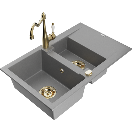 Mexen Gaspar 1.5-compartment granite sink with a drip tray and kitchen mixer tap Carla, Grey - 6507-71-670700-50