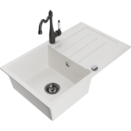 Mexen Bruno 1-compartment granite sink with a drip tray and kitchen mixer tap Carla, White - 6513-20-670700-70
