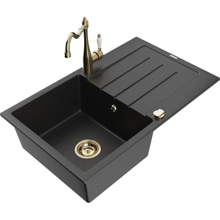 Mexen Bruno 1-compartment granite sink with a drip tray and kitchen mixer tap Carla, Black/Silver metallic - 6513-73-670700-50