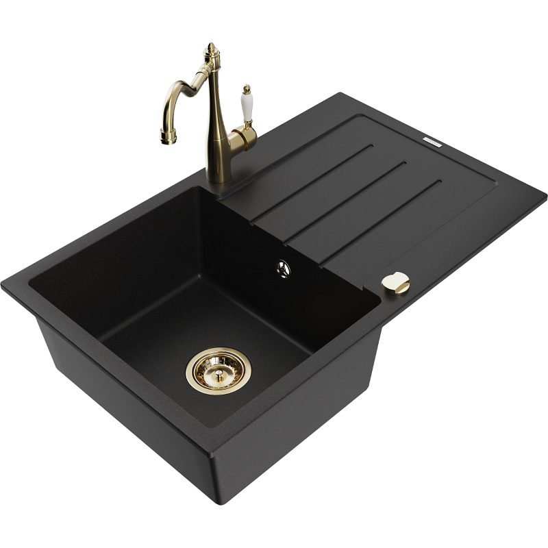 Mexen Bruno 1-compartment granite sink with a drip tray and kitchen mixer tap Carla, Black - 6513-77-670700-50