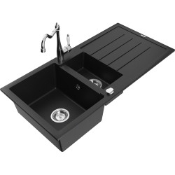 Mexen Andres 1.5-compartment granite sink with a drip tray and kitchen mixer tap Carla, Black - 6515-77-670700-00