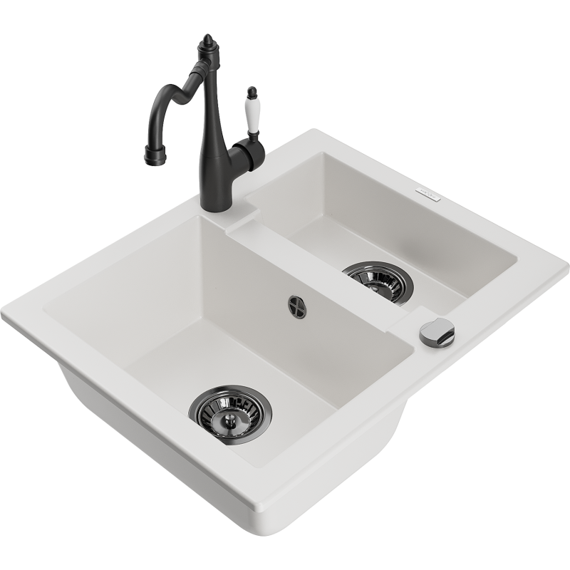 Mexen Carlos 1,5-compartment granite sink with a kitchen mixer tap Carla, White - 6518-20-670700-70