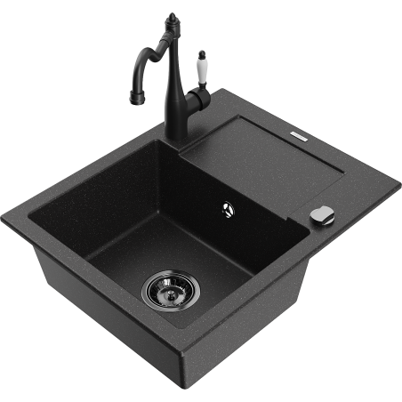 Mexen Enzo 1-compartment granite sink with a drip tray and kitchen mixer tap Carla, Black/Silver metallic - 6506-73-670700-70-B