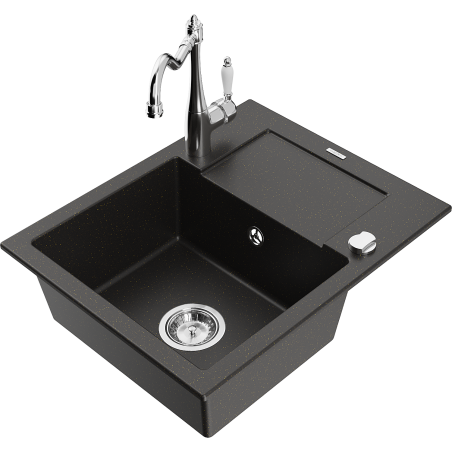 Mexen Enzo 1-compartment granite sink with a drip tray and kitchen mixer tap Carla, Black/Gold metallic - 6506-75-670700-00