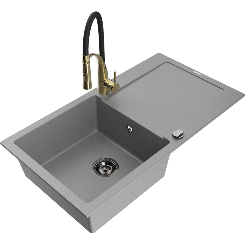 Mexen Leo 1-compartment granite sink with a drip tray and kitchen mixer tap Aster, Grey - 6501-71-73450-57-B