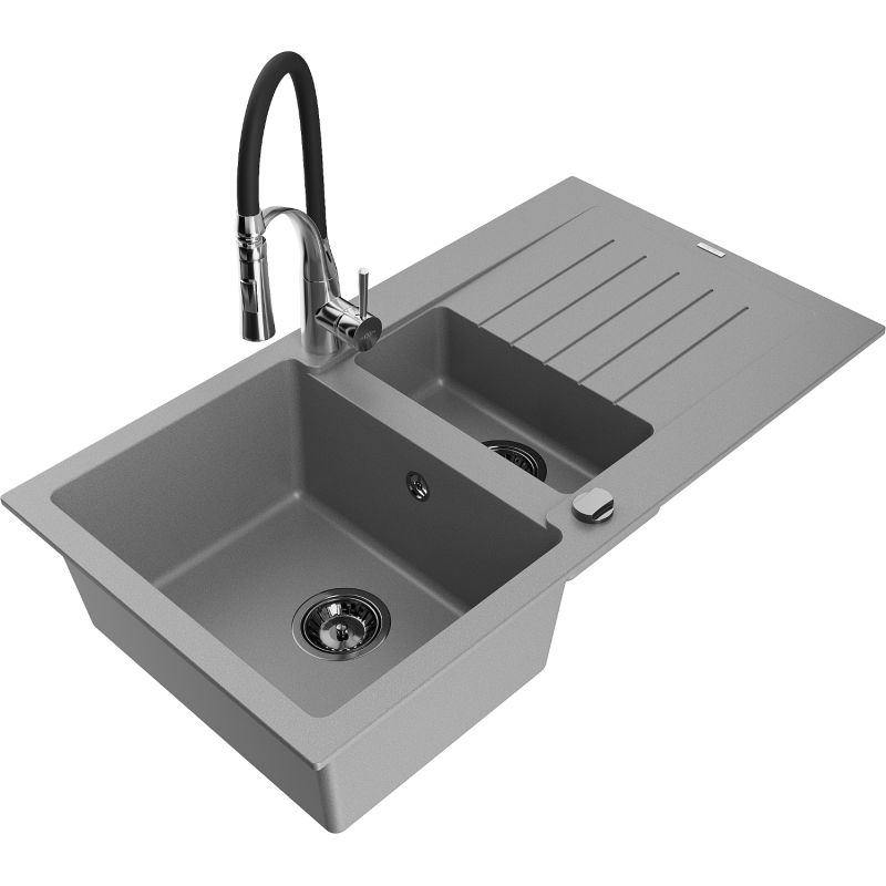 Mexen Matias 1.5-compartment granite sink with a drip tray and kitchen mixer tap Aster, Grey - 6502-71-73450-07-B