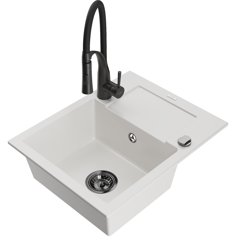 Mexen Enzo 1-compartment granite sink with a drip tray and kitchen mixer tap Aster, White - 6506-20-73450-70-B