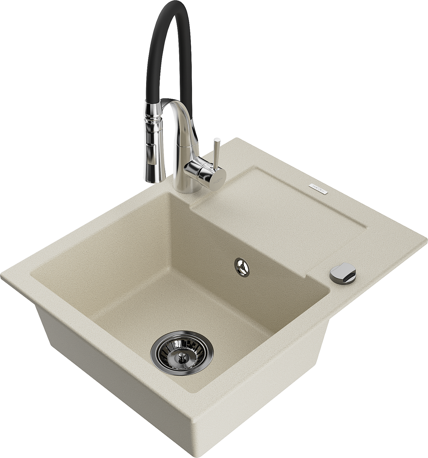 Mexen Enzo 1-compartment granite sink with a drip tray and kitchen mixer tap Aster, Beige - 6506-69-73450-07-B