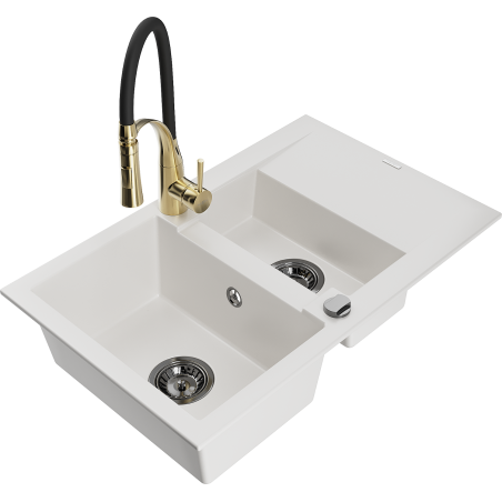 Mexen Gaspar 1.5-compartment granite sink with a drip tray and kitchen mixer tap Aster, White - 6507-20-73450-57-B