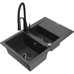 Mexen Gaspar 1.5-compartment granite sink with a drip tray and kitchen mixer tap Aster, spotted black - 6507-76-73450-70-B
