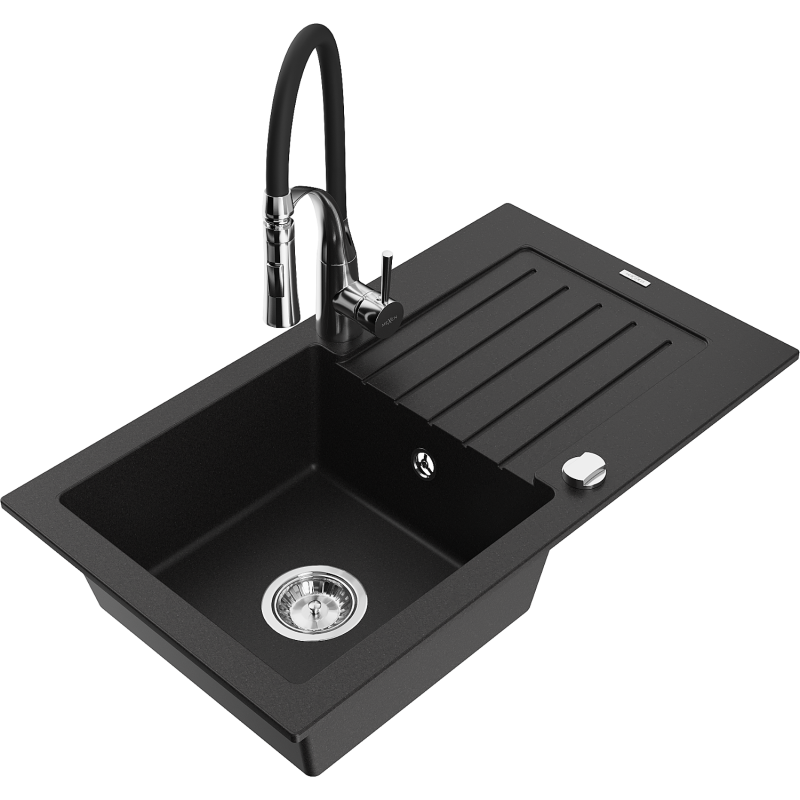 Mexen Pablo 1-compartment granite sink with a drip tray and kitchen mixer tap Aster, Black - 6510-77-73450-07