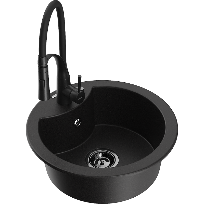 Mexen Diego 1-compartment granite sink with a kitchen mixer tap Aster, Black - 6512-77-73450-70-B