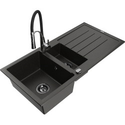 Mexen Andres 1.5-compartment granite sink with a drip tray and kitchen mixer tap Aster, Black/Gold metallic - 6515-75-73450-07-B