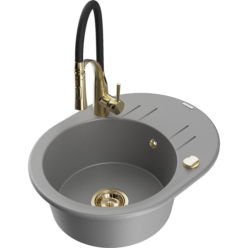 Mexen Kevin 1-compartment granite sink with a drip tray and kitchen mixer tap Aster, Grey - 6517-71-73450-57-G