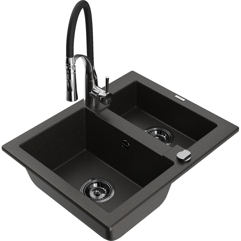Mexen Carlos 1-compartment granite sink with a kitchen mixer tap Aster, Black/Gold metallic - 6518-75-73450-07-B