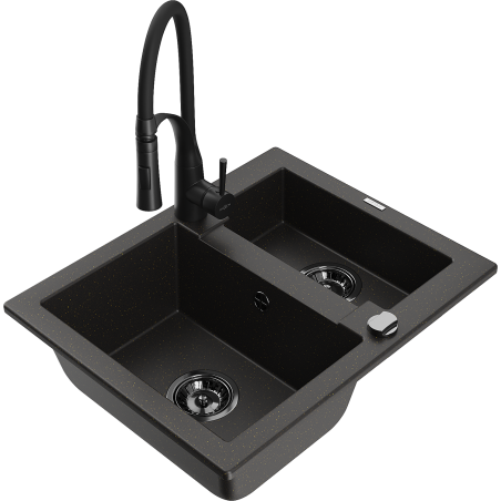 Mexen Carlos 1-compartment granite sink with a kitchen mixer tap Aster, Black/Gold metallic - 6518-75-73450-70-B