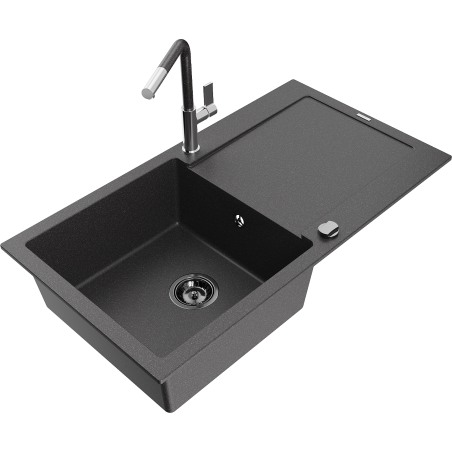 Mexen Leo 1-compartment granite sink with a drip tray and kitchen mixer tap Flora, spotted black - 6501-76-670401-08-B
