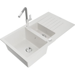 Mexen Matias 1.5-compartment granite sink with a drip tray and kitchen mixer tap Flora, White - 6502-20-670401-06