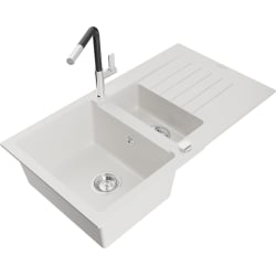 Mexen Matias 1.5-compartment granite sink with a drip tray and kitchen mixer tap Flora, White - 6502-20-670401-07