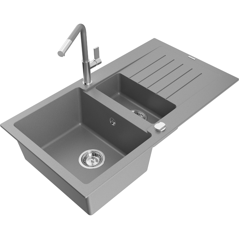 Mexen Matias 1.5-compartment granite sink with a drip tray and kitchen mixer tap Flora, Grey - 6502-71-670401-06