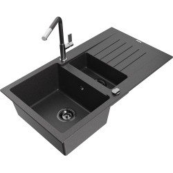 Mexen Matias 1.5-compartment granite sink with a drip tray and kitchen mixer tap Flora, spotted black - 6502-76-670401-08-B