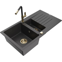Mexen Matias 1.5-compartment granite sink with a drip tray and kitchen mixer tap Flora, spotted black - 6502-76-670401-57-G