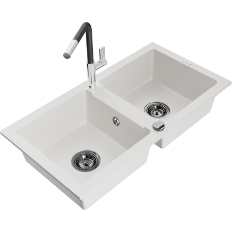 Mexen Mario 2-compartment granite sink with a kitchen mixer tap Flora, White - 6504-20-670401-07-B