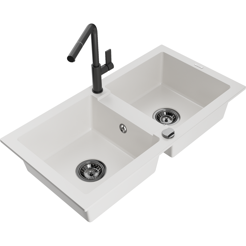 Mexen Mario 2-compartment granite sink with a kitchen mixer tap Flora, White - 6504-20-670401-70-B