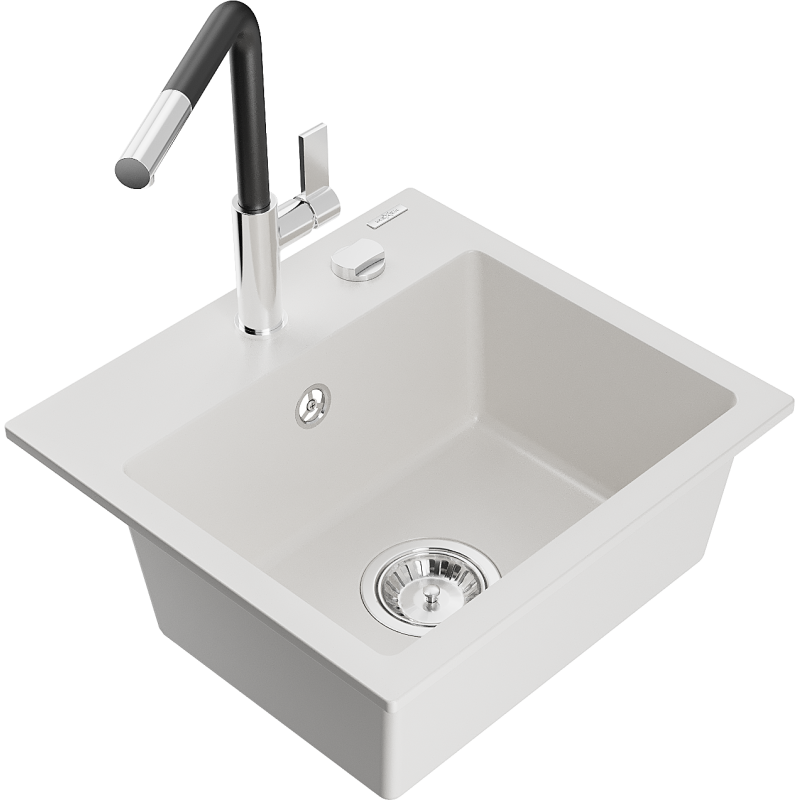 Mexen Milo 1-compartment granite sink with a kitchen mixer tap Flora, White - 6505-20-670401-07