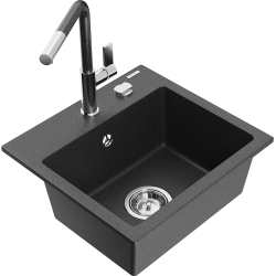 Mexen Milo 1-compartment granite sink with a kitchen mixer tap Flora, Black/Gold metallic - 6505-76-670401-08