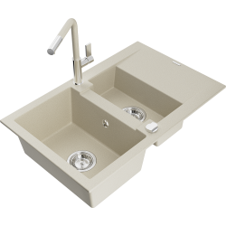 Mexen Gaspar 1.5-compartment granite sink with a drip tray and kitchen mixer tap Flora, Beige - 6507-69-670401-09