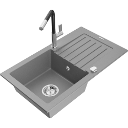 Mexen Pablo 1-compartment granite sink with a drip tray and kitchen mixer tap Flora, Grey - 6510-71-670401-07