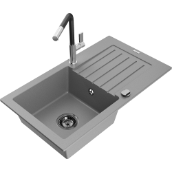 Mexen Pablo 1-compartment granite sink with a drip tray and kitchen mixer tap Flora, Grey - 6510-71-670401-07-B