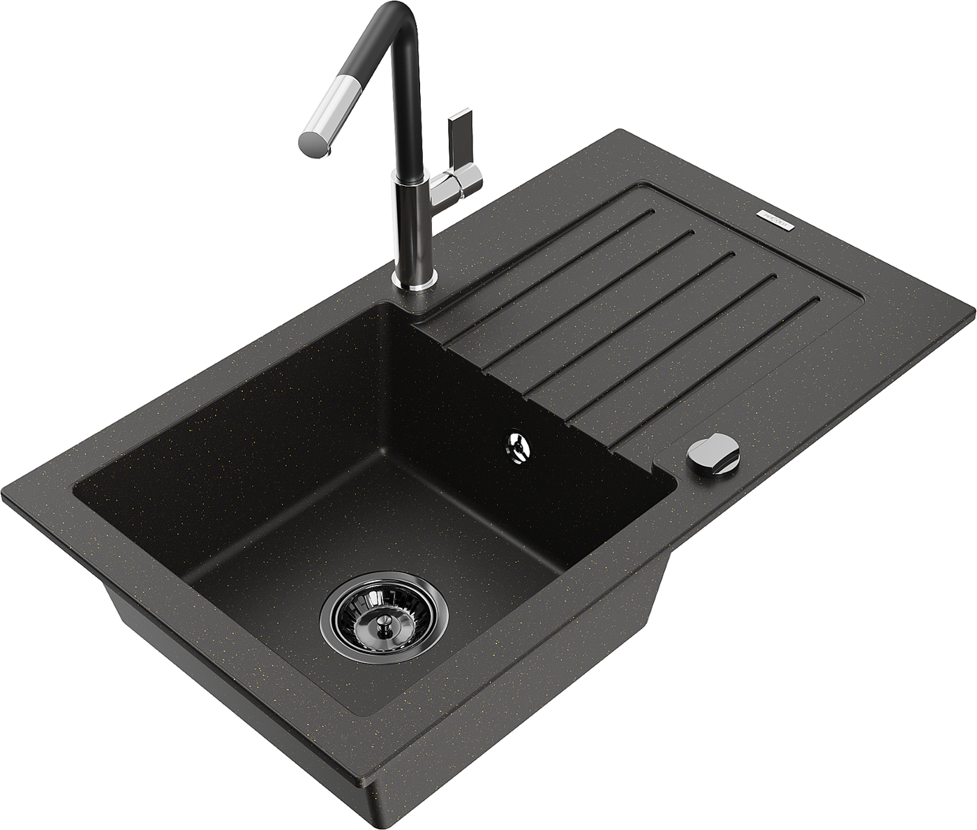Mexen Pablo 1-compartment granite sink with a drip tray and kitchen mixer tap Flora, Black/Gold metallic - 6510-75-670401-07-B